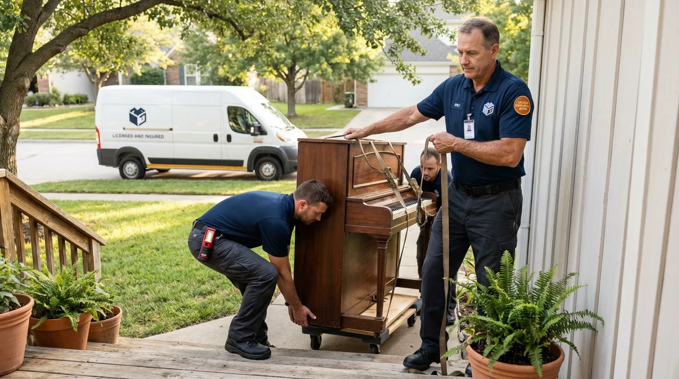 Licensed piano movers securing grand piano in Utica, MI
