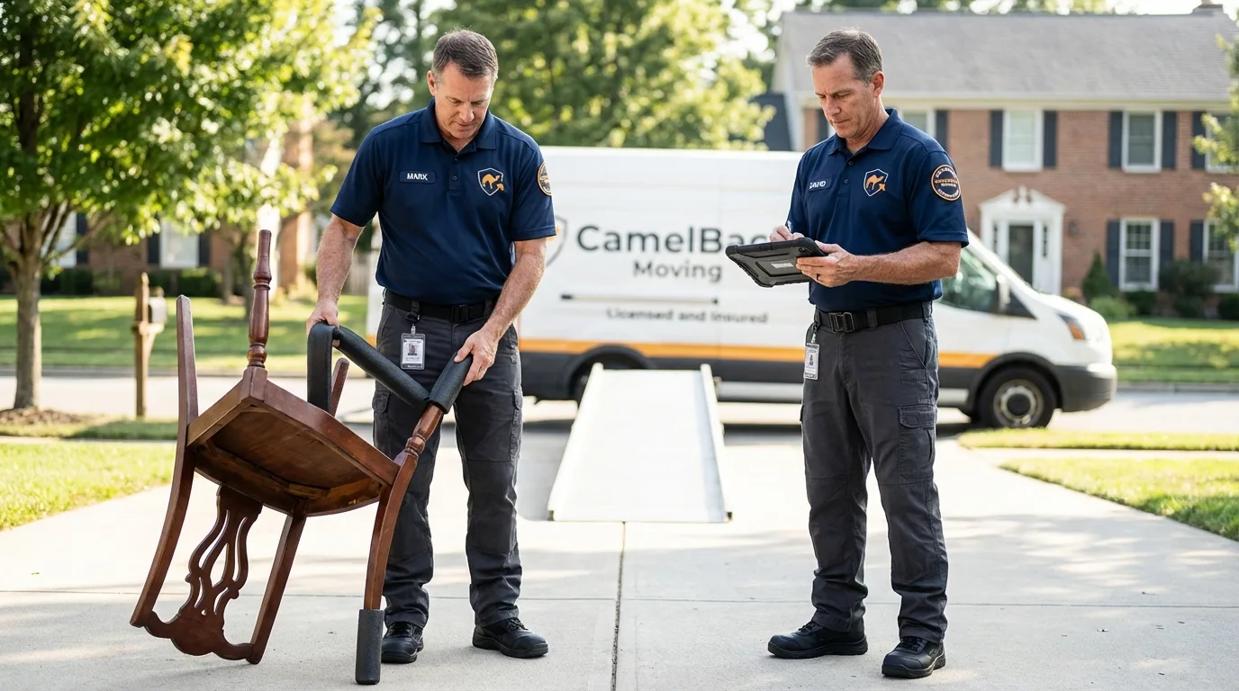 Movers inspecting furniture for damage prevention before loading in Utica, MI