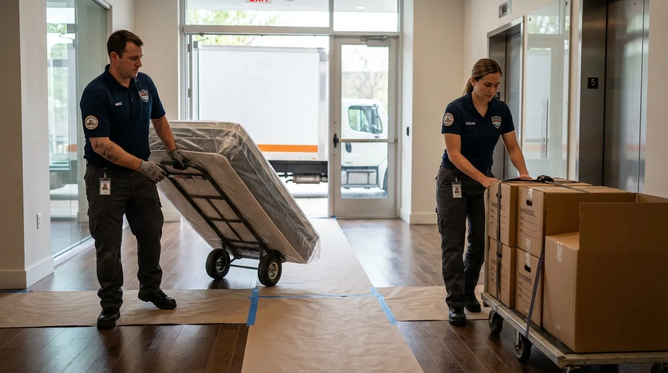 Professional apartment movers loading elevator in Utica, MI